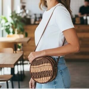 Handmade Jute Woven Boho Crossbody Circle Bag Brown Leather